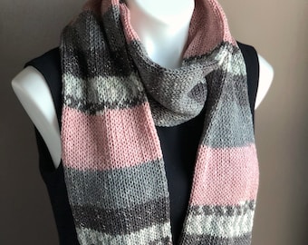 Pink and Gray Knit Infinity Scarf, Long Knit Circle Scarf, Pink Knit Cowl Scarf, Unisex Scarf, Long Loop Scarf
