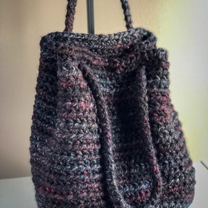 Extra Large Crochet Bucket Bag Tote Bag with Drawstring, Blackstone Cross Body Bag Black with Shades of Red and Gray, Oversized Project Tote image 5