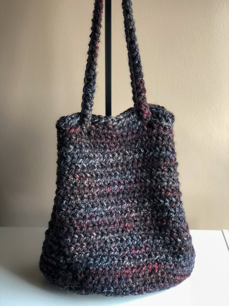 Extra Large Crochet Bucket Bag Tote Bag with Drawstring, Blackstone Cross Body Bag Black with Shades of Red and Gray, Oversized Project Tote image 1
