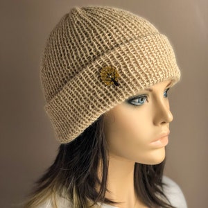 Knit Hat in Natural Alpaca, Double Knit Brim Hat, Soft Alpaca Knit Beanie, Ladies Hat, Folded Brim Hat Light Brown or Beige, Gifts for Her image 5