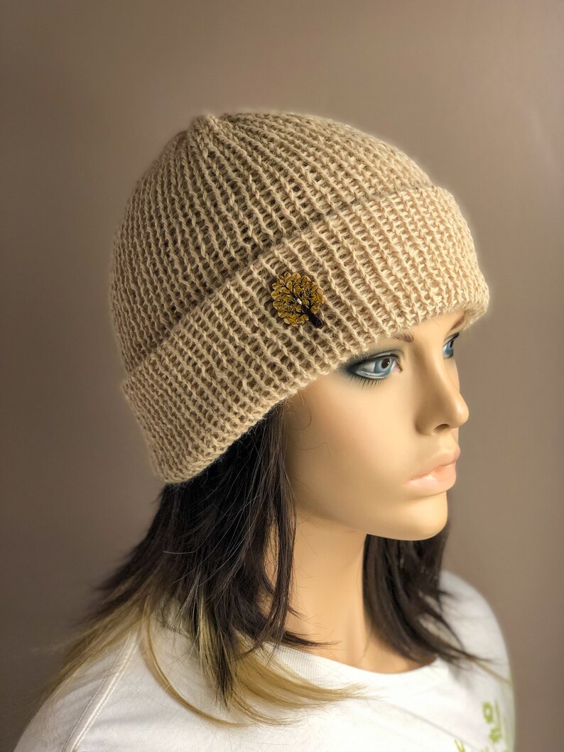 Knit Hat in Natural Alpaca, Double Knit Brim Hat, Soft Alpaca Knit Beanie, Ladies Hat, Folded Brim Hat Light Brown or Beige, Gifts for Her image 5