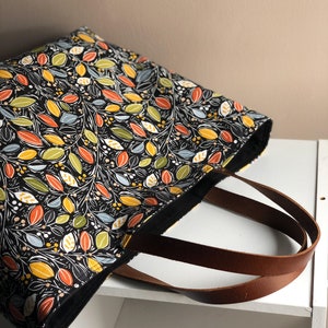 Autumn Leaves Tote Bag, Fall Leaves with Black Lining, Brown Leather Handles, Cotton Handbag, Market Tote, Black Purse, Ladies Handbag image 4