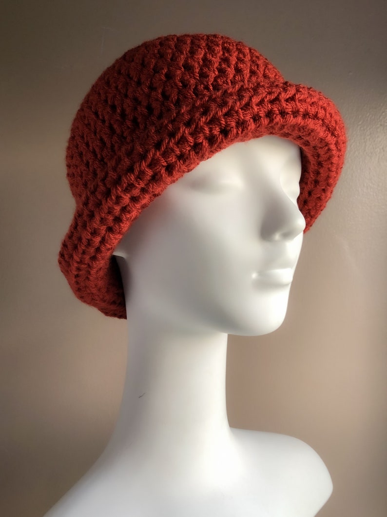 Rust Roll Brim Hat, Crochet Winter Hat in Bold Rust Color, Chunky and Warm Fits Ladies or Teens Average image 7