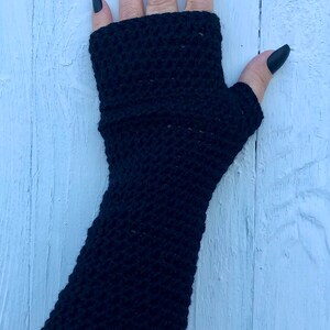 Long Black Fingerless Gloves, Crochet Fingerless Gloves or Arm Warmers Vegan Wrist Warmers for Her image 1