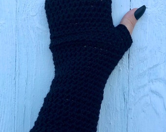 Long Black Fingerless Gloves, Crochet Fingerless Gloves or Arm Warmers Vegan Wrist Warmers for Her