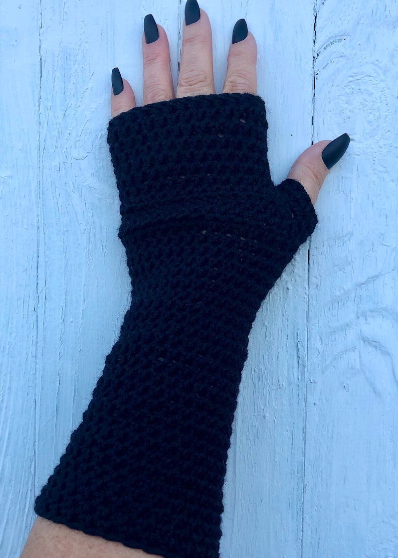 Long Black Fingerless Gloves, Crochet Fingerless Gloves or Arm Warmers Vegan Wrist Warmers for Her image 1