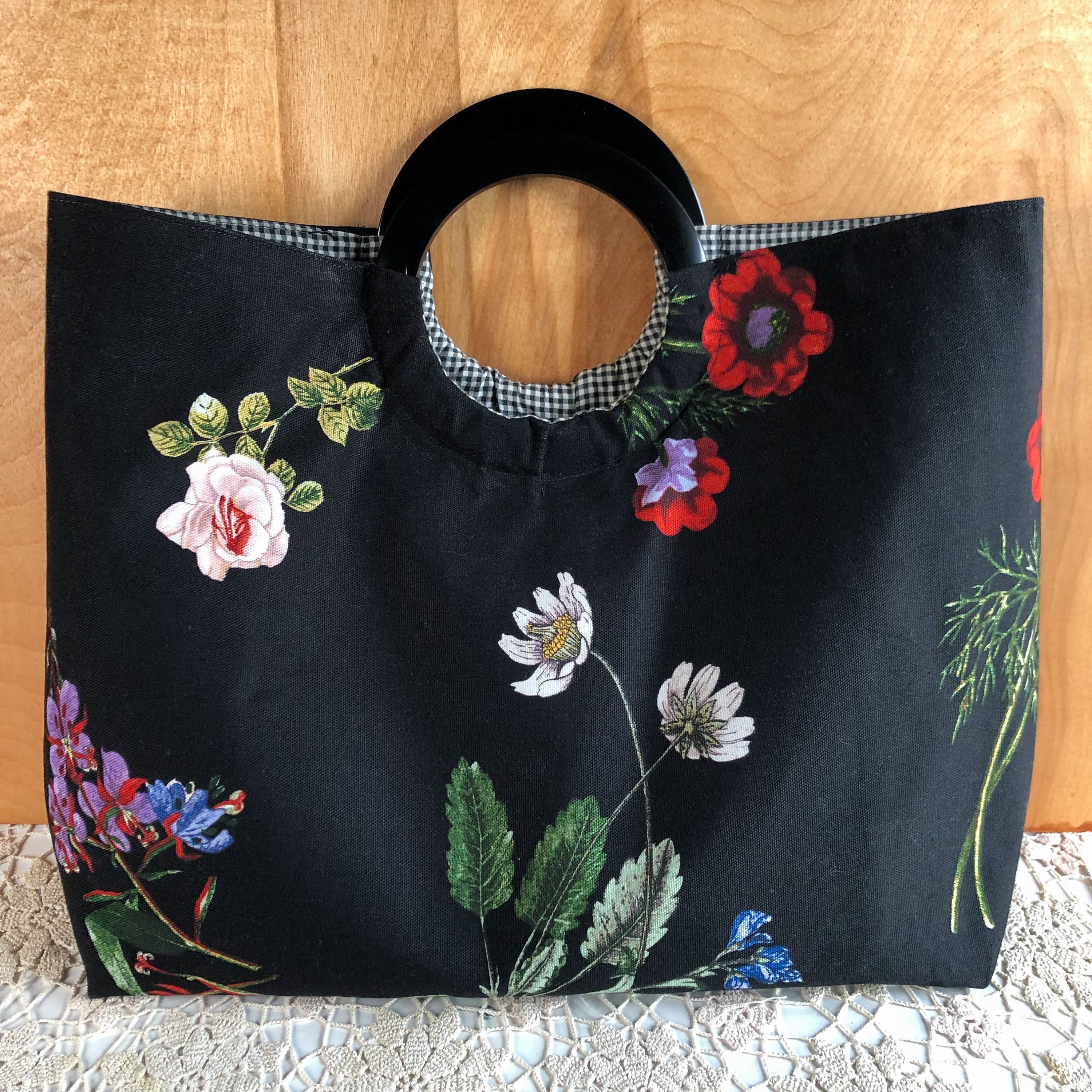 Large Black Floral Tote Bag Ring Handle Tote Bag Large Tote Bag