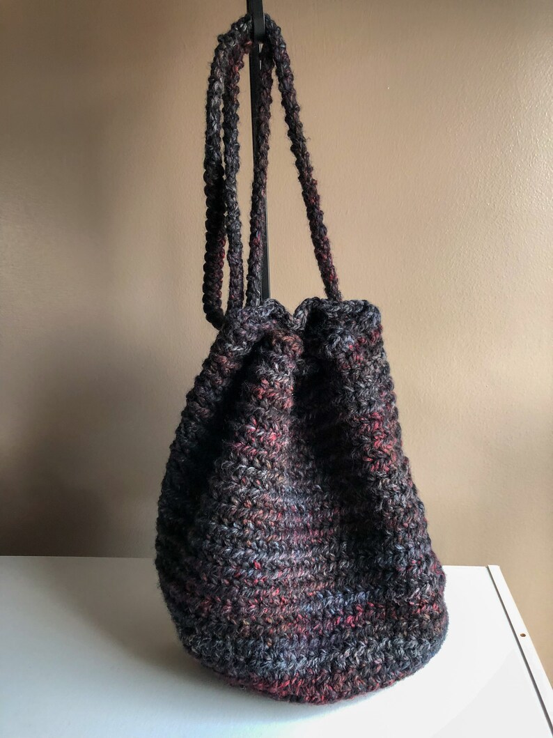 Extra Large Crochet Bucket Bag Tote Bag with Drawstring, Blackstone Cross Body Bag Black with Shades of Red and Gray, Oversized Project Tote image 7