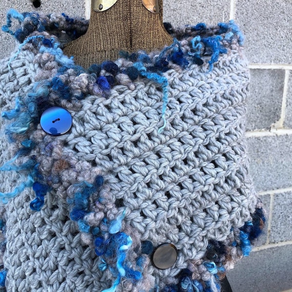 Striking Gray and Blue Capelet Button Scarf, Luxurious Crochet