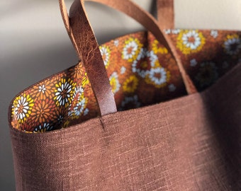 Brown Linen Tote Bag with Rust and White Floral Lining and Brown Leather Handles Ladies Handbag Market Tote