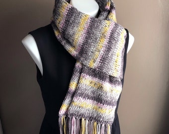 Gray Double Knit Scarf with Fringe, Multicolor Scarf Gray Pink Yellow White, Ladies Scarf, Men’s Scarf, Unisex Scarf, Gray and Pink Scarf