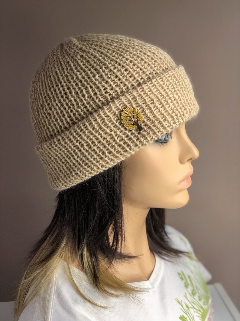 Knit Hat in Natural Alpaca, Double Knit Brim Hat, Soft Alpaca Knit Beanie, Ladies Hat, Folded Brim Hat Light Brown or Beige, Gifts for Her image 2