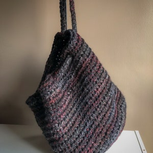 Extra Large Crochet Bucket Bag Tote Bag with Drawstring, Blackstone Cross Body Bag Black with Shades of Red and Gray, Oversized Project Tote image 4