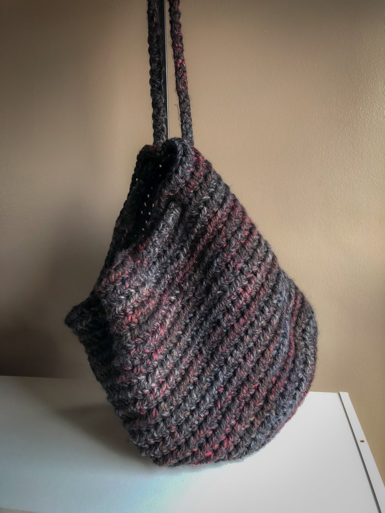 Extra Large Crochet Bucket Bag Tote Bag with Drawstring, Blackstone Cross Body Bag Black with Shades of Red and Gray, Oversized Project Tote image 4