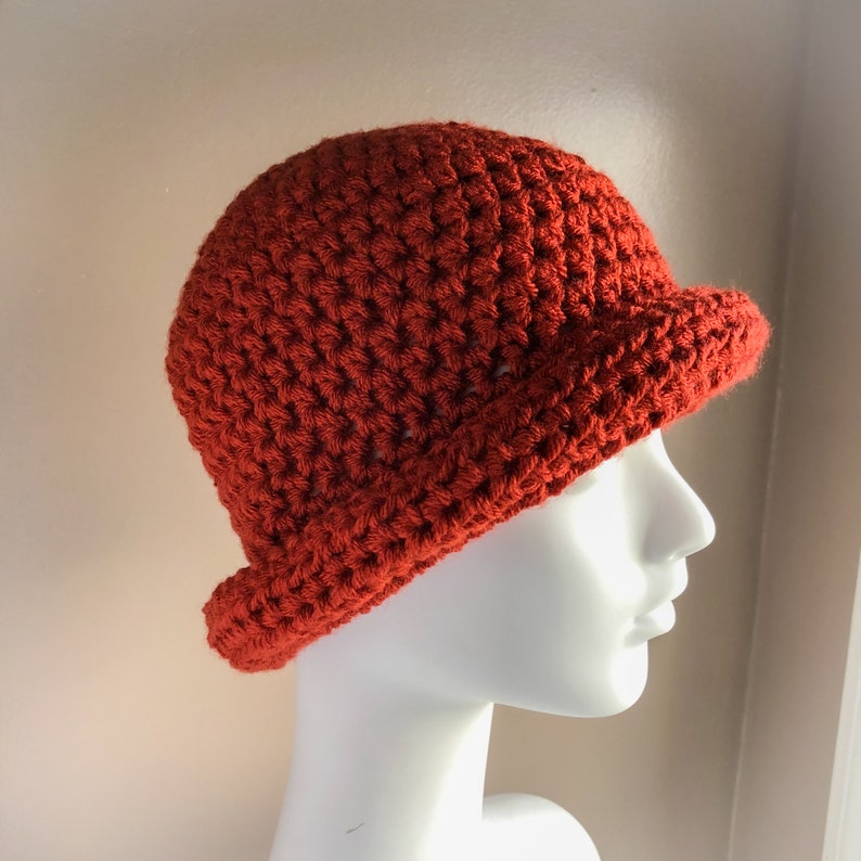 Rust Roll Brim Hat, Crochet Winter Hat in Bold Rust Color, Chunky and Warm Fits Ladies or Teens Average image 4