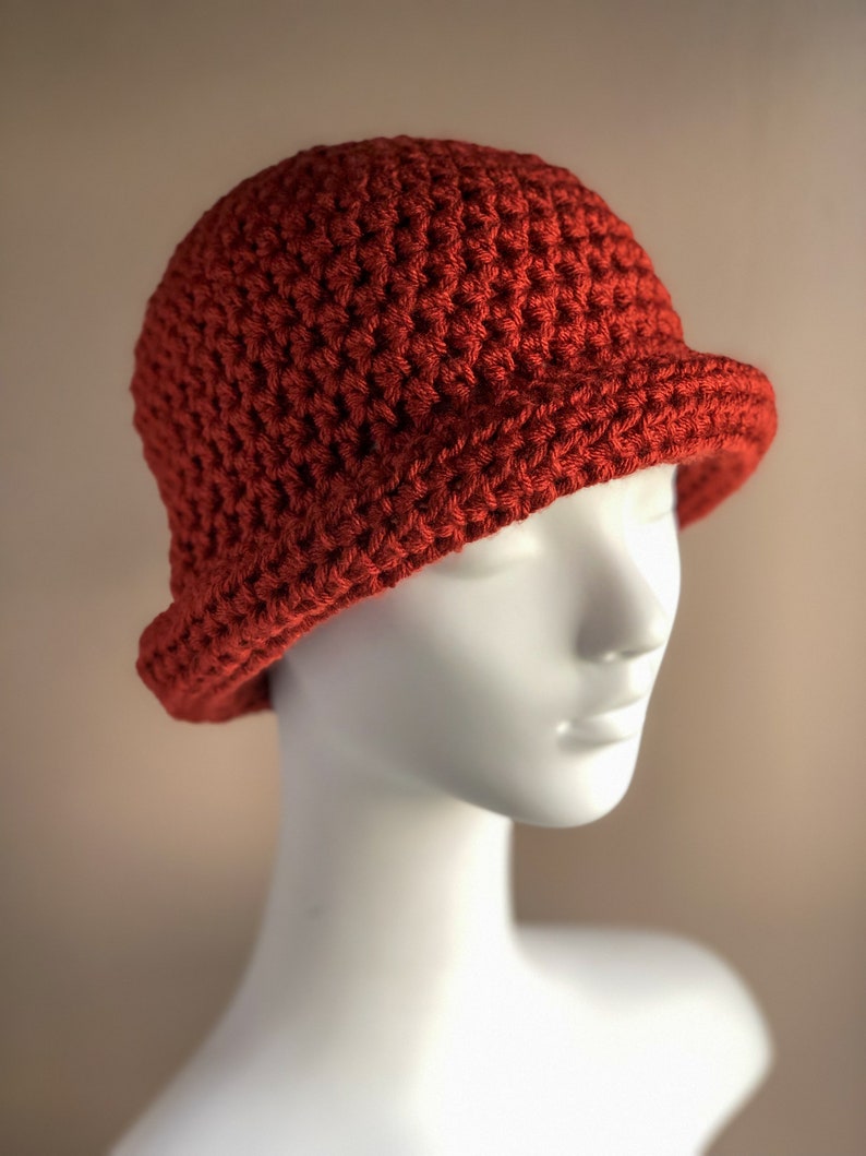 Rust Roll Brim Hat, Crochet Winter Hat in Bold Rust Color, Chunky and Warm Fits Ladies or Teens Average image 6