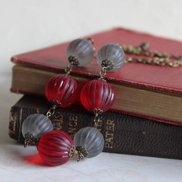 Beaded Necklace, Red and Grey, Copper, Cranberry and Cloud, Fluted Vintage Lucite, Gifts for Her, Jewelry