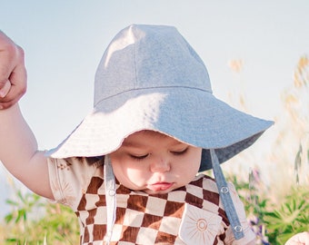 Wide Brim Baby Sun Hat, Toddler Boy Summer Accessory, Blue Newborn Linen Beach Hat, Summer Kid Sun Protection, Classic Hat with Chin Strap