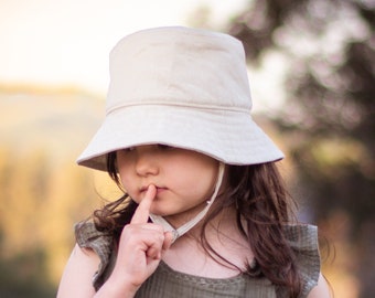 Toddler Sun Hat, Linen Hat, Kid Beach Accessories, Bucket Hat, Girls Summer Style, Washable Hat, Brim Hat with Chin Straps, Beige Cap