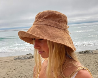 Wide Brim Sun Hat in Rust Linen Fabric for Women With Adjustable