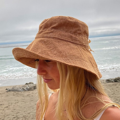 Wide Brim Sun Hat in Rust Linen Fabric 