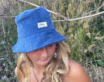 Blue Corduroy Bucket Hat: Handmade Cotton Sun Hat