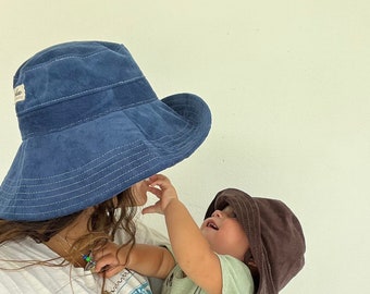 Blue Corduroy Wide Brim Sun Hat: Foldable Beach Bucket Hat