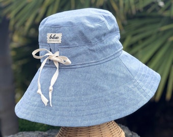 Chapeau en lin bleu, chapeau pliable, bord large, chapeau avec cordon de serrage, chapeau de soleil pour femmes, chapeau de plage emballable, chapeau réglable, chapeaux tendance, chapeau d’été