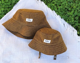 Matching Mommy and Baby Bucket Hats, Brown Sun Hats, Gift for New Mom and Infant, Beach Family Accessory, Foldable Linen Hats, Hat Gift Set