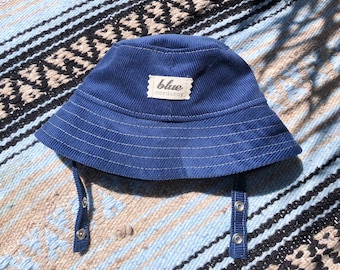 Blue Corduroy Baby Sun Hat: Handmade Cotton Bucket Hat with Chin Strap