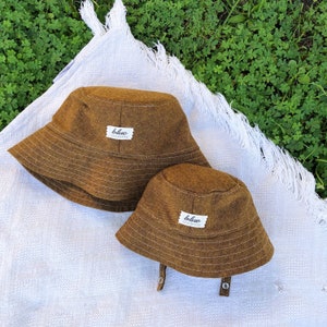 Wide Brim Sun Hat in Rust Linen Fabric for Women With Adjustable