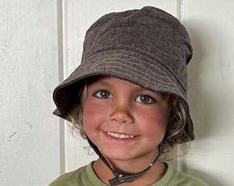 Linen Baby Bucket Hat: Brown Cotton Sun Hat with Snaps