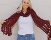 Dark Red Knit Winter Scarf. Thick and Cozy Scarf with Fringe for Women. Winter Wedding Shawl. Bridal Wrap. Oversize Scarf. Knit Wrap Shawl.