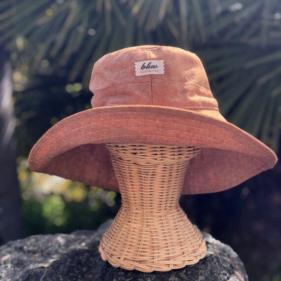 Linen Sun Hat, Wide Brim, Gardening Hat, Womens Summer Accessory, Foldable Beach Hat, Beach Vacation Accessory, Rust Brim Hat