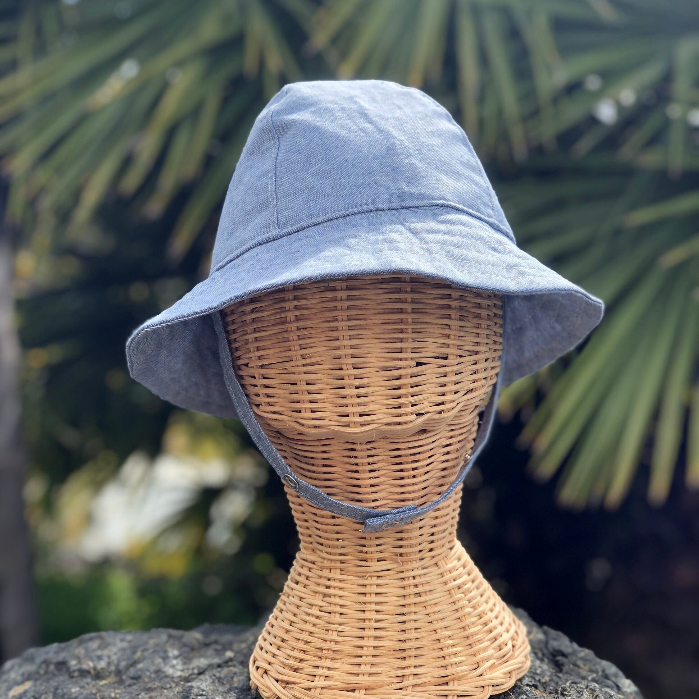 Washed Denim Checkerboard Pattern Flat Top Foldable Bucket Hat