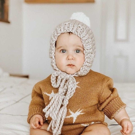 Pom Pom Knit Hat Beige Baby Bonnet 