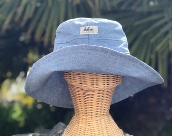 Blue Linen Wide Brim Sun Hat: Packable Beach Accessory