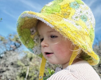 Yellow Terry Cloth Bucket Hat, Upcycled Vintage Towel, Sun Hat for Toddler Girl, Summer Gift for Infant, Beach Baby Hat, Towel Brim Hat