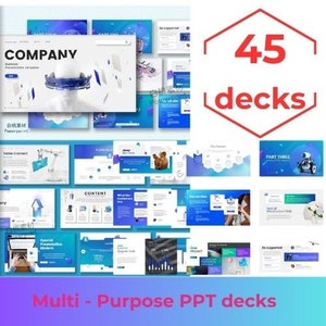 Puede incluir: Una colección de 45 cubiertas de presentación de PowerPoint multipropósito. Las cubiertas presentan una variedad de diseños modernos y coloridos, que incluyen formas geométricas, patrones abstractos y tipografía audaz. El texto "COMPANY" aparece en una de las diapositivas.