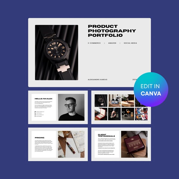 Product Photography Portfolio Template Canva. Modern Portfolio Template for Commercial Photographers for Canva.