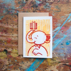 Happy Birthday Vintage Elephant (BIR-06) Greeting Card Yellow Red Retro Inspired Blank Screenprint Animal