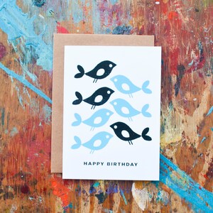 Happy Birthday Retro Birds (BIR-01) Blue Black Screenprint Cute Simple Mod Graphic Screen Print Blank Greeting Card