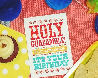 Holy Guacamole! (BIR-27)  Feliz Cumpleaños Birthday Card Screen Printed by Hand Blank Inside Avocado Lover Funny Red Yellow Aqua