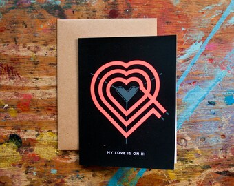 My Love Is On Hi (LOV-35) Heart Burner Stovetop Black Fluorescent Pink Valentine Spouse Date Screenprint Card