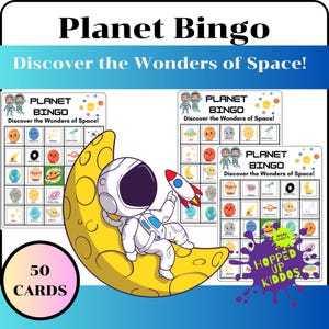 50 cartes préremplies Planet Bingo Game - Découvrez les merveilles de l'espace !, PDF imprimable, jeu éducatif facile pour les enfants