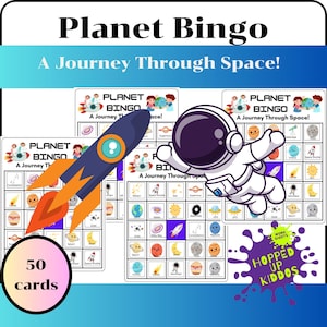 50 Planet Bingo Game Voorgevulde Kaarten - Een reis door de ruimte!, afdrukbaar pdf-bestand, eenvoudig educatief spel voor kinderen