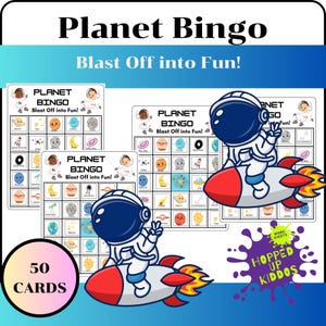 50 Planet-bingogames voorgevulde kaarten - knallend plezier!, afdrukbare pdf, eenvoudig educatief spel voor kinderen