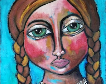 Original Painting Art by Trine Stasica Woman Outsider Folk Handmade Portrait