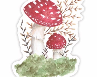 May include: Two red and white spotted mushrooms with white stems growing in a bed of green moss with brown branches.