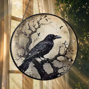 Raven Stained Glass Suncatcher, Gothic Crow Window Hanging, Unique Indoor Home Decor, Halloween Gift, Housewarming Gift Idea for Dark Theme